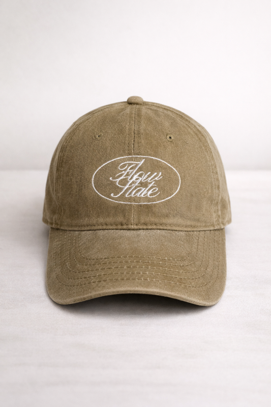 Khaki vintage washed cotton cap with embroidered Flow State logo