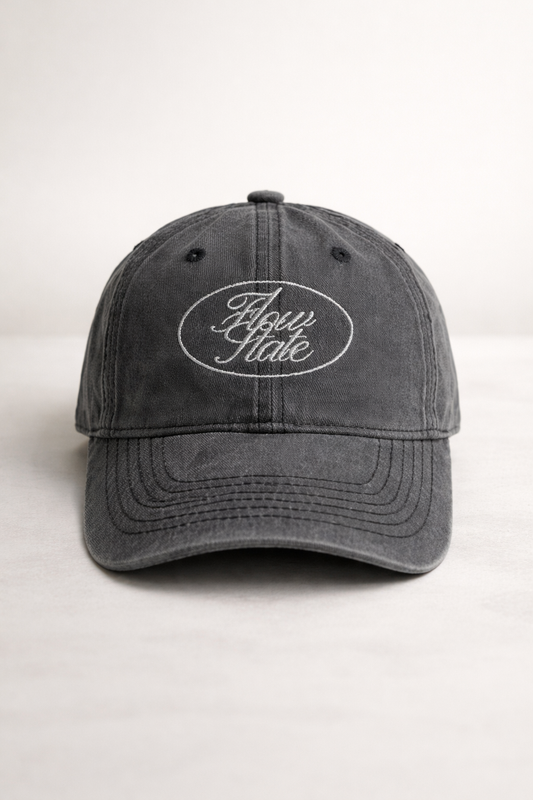 dark grey vintage washed cotton cap with embroidered Flow State logo
