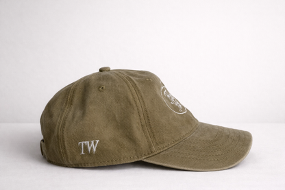 Khaki vintage washed cotton cap with embroidered Flow State logo